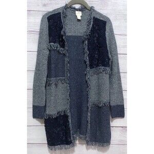 Chico’s Blocked Lace Denalia Cardigan Blue Patchwork Fringe Sz 1 (8-10) M EUC